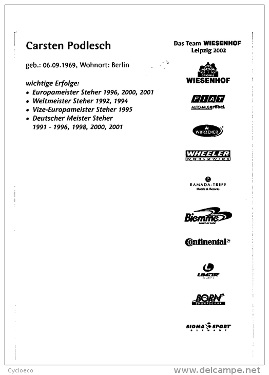 Carsten PODLESCH , Autographe Manuscrit, Dédicace. 2 Scans. Cyclisme. Wiesenhof - Ciclismo