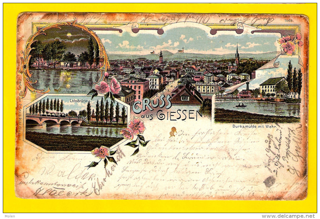 Gelaufen 1899 GRUSS Aus GIESSEN * MUHLE Mit INSEL * LAHNBRUCKE BURKSMUHLE Mit WEHR Litho Lithographie Prinz & Ruhl 3276 - Giessen