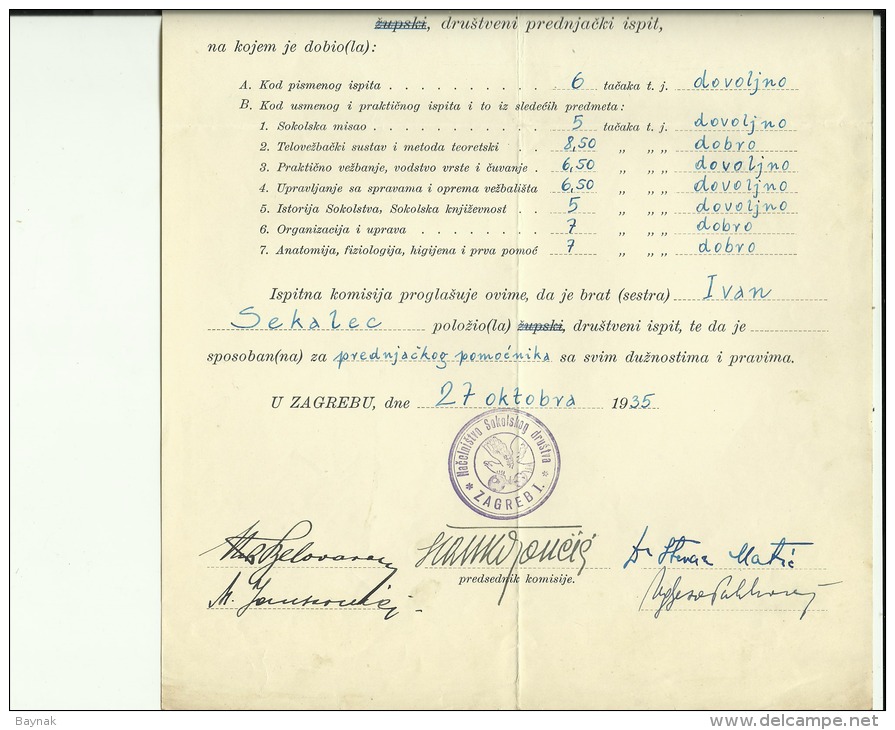 CROATIA   --  SOKOLSKA ZUPA ZAGREB  --  FALCON COUNTY, LEADER  --  CERTIFICATE  --  1936   --   TIMBRE FISCAL, TAX STAMP - Diplomas Y Calificaciones Escolares