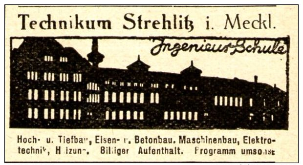 Original-Werbung/ Anzeige 1926 - TECHNIKUM STREHLITZ ( STRELITZ?) IN MECKLENBURG - Ca. 45 X 25 Mm - Publicités