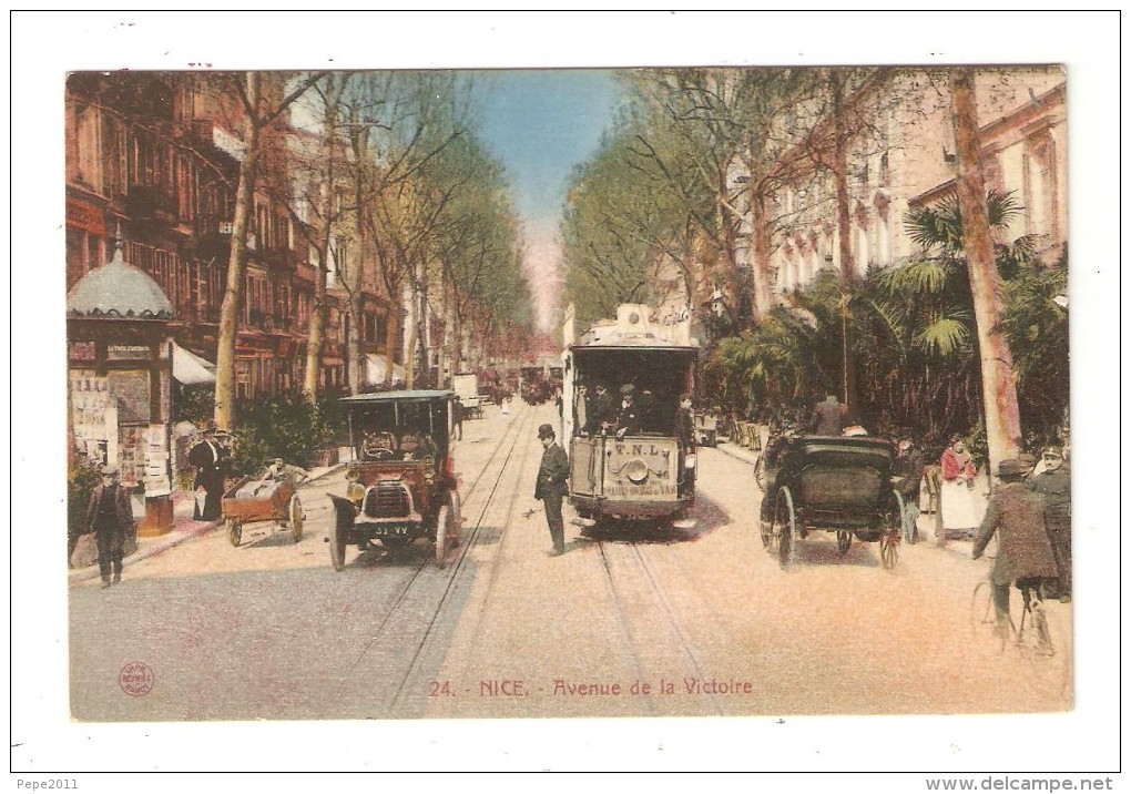 CPA 06 NICE Avenue De La Victoire : Animation - Tramway - Voitures Années 1910/20 Colorisée - Straßenverkehr - Auto, Bus, Tram