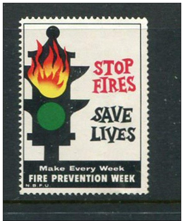 Stop Fires Save Lives Fire Prevention Week Poster Stamp Vignette Label Hinged 1 1/4 X 1 7/8" - Cinderellas