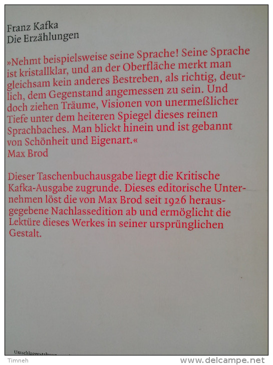 Franz Kafka Die Erzählungen Und Andere Ausgewählte Prosa Originalfassung 2003 Fischer Taschenbuch Verlag ALLEMAND - Autori Internazionali