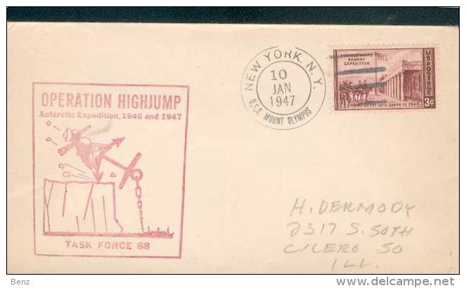 ETATS-UNIS USA LETTRE NEW YORK MOUNT OLYMPUS OPERATION HIGHJUMP ANTARCTIQUE EXPEDITION 1947 THEME MANCHOTS TB - Spedizioni Antartiche