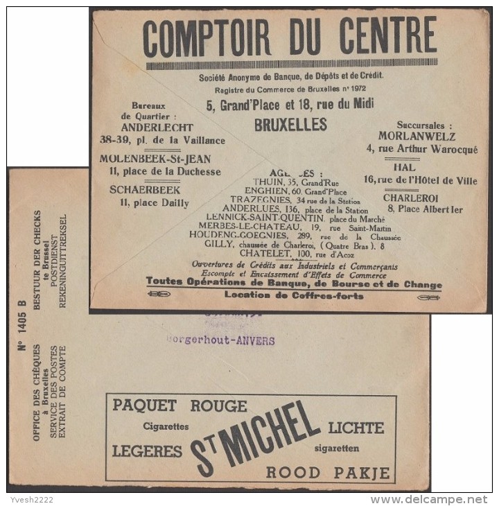 Belgique 1936. Enveloppe En Franchise Des Chèques Postaux. Pub : Cigarettes St Michel, Tabac. Comptoir Du Centre, Banque - Drugs