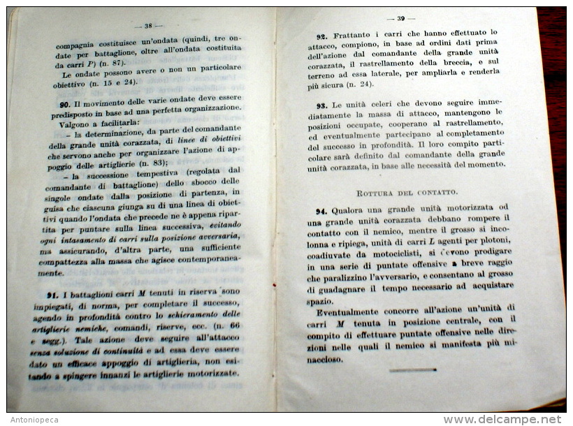 ITALIA REGNO 1938 LIBRO MILITARE "L'IMPIEGO DELLE UNITA' CARRISTE" - Italian