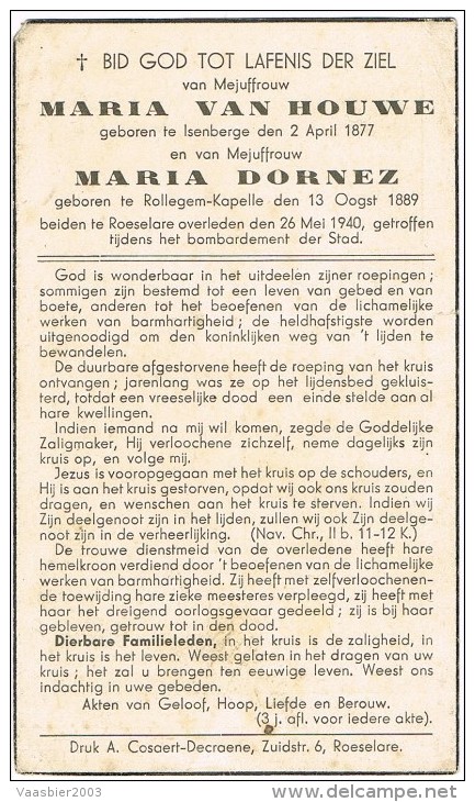 ROLLEGEM-KAPELLE - ROESELARE - Doodsprentje Van Maria VAN HOUWE En Maria DORNEZ ( Oorlogsslachtoffer ) + 1940 - Religion & Esotérisme