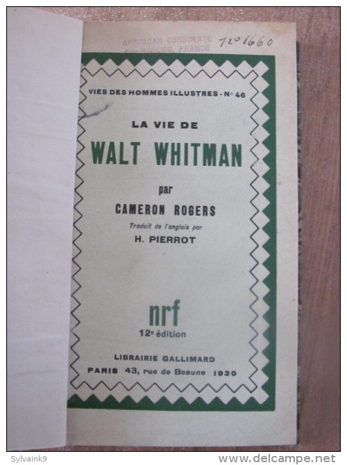 1930 La Vie De Walt Whitman Par Cameron Rogers Nrf Gallimard Poesie Poeme Poete - Autres & Non Classés