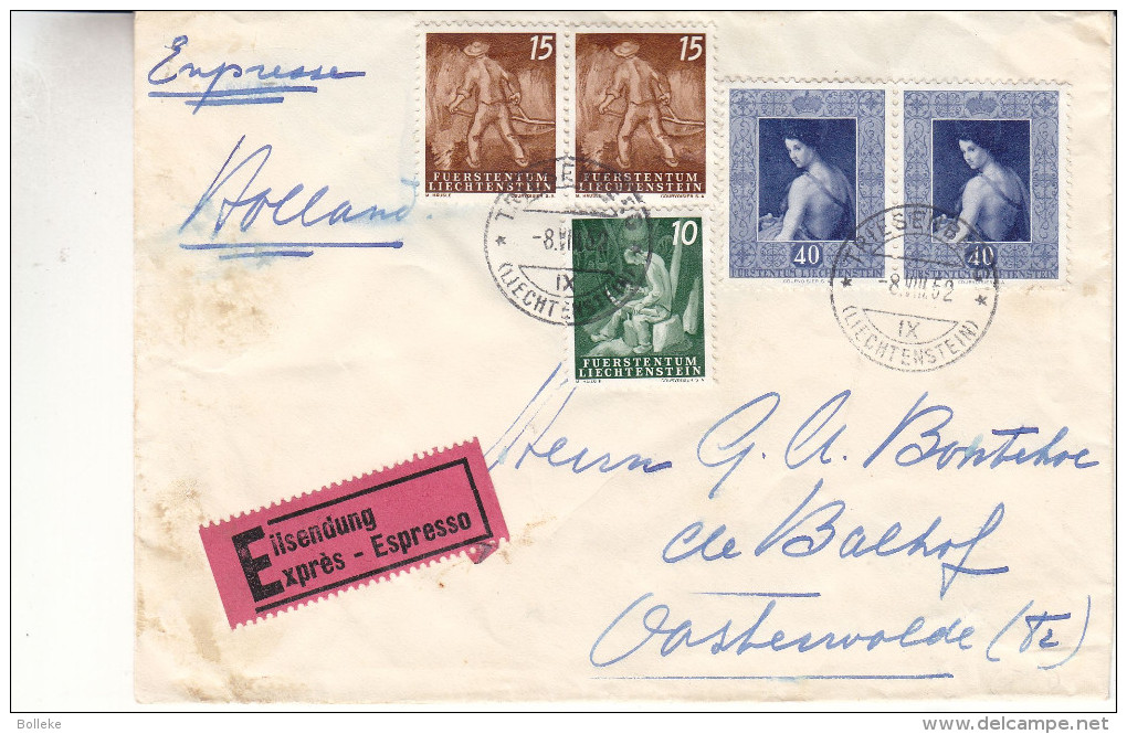 Liechtenstein - Lettre Expres De 1952 - Oblitération Triesenberg - Expédié Vers La Hollande - Peinture - Forgeron - Lettres & Documents