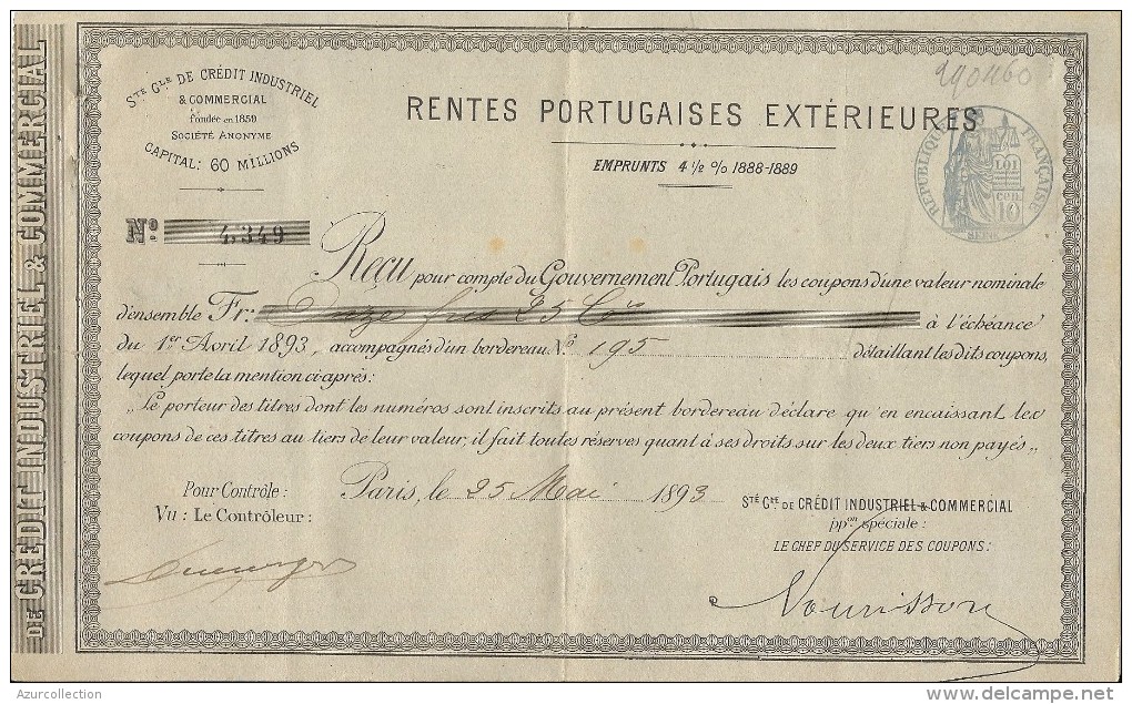 RENTE PORTUGAISE . 1893 - Bank & Insurance