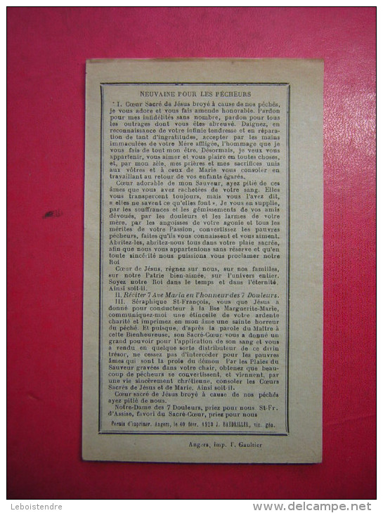 RELIGION  PETIT PAPIER  RELIGIEUX  MARS 1923 UNION DES PRIERES POUR LA CONVERSION DES PECHEURS     DIRECTION ANGERS - Religion & Esotericism