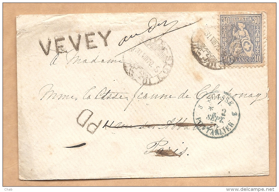 PAS CONNAISSEUR- LETTRE  SUISSE Pour La FRANCE  - Cachet Bleu SUISSE - PONTARLIER 2 SEPT. 1870 + VEVEY + Divers Cachets - 1801-1848: Précurseurs XIX