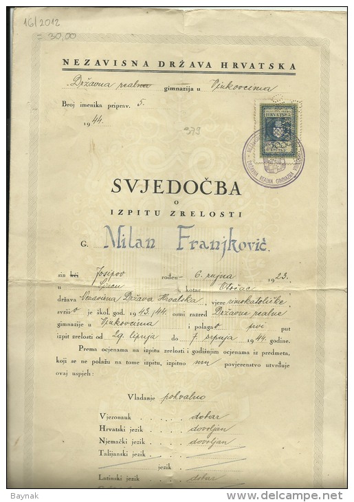 CROATIA, NDH, NEZAVISNA  DRZAVA HRVATSKA --  SCHOOL DIPLOMA, CERTIFICATE, GYMNASIA    1944  -- TIMBRE FISCAL, TAX STAMP - Diplome Und Schulzeugnisse