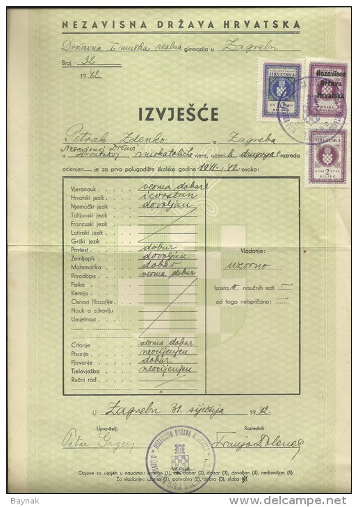 CROATIA, NDH, NEZAVISNA  DRZAVA HRVATSKA --  SCHOOL DIPLOMA, CERTIFICATE, GYMNASIA    1942  -- TIMBRE FISCAL, TAX STAMP - Diplomas Y Calificaciones Escolares