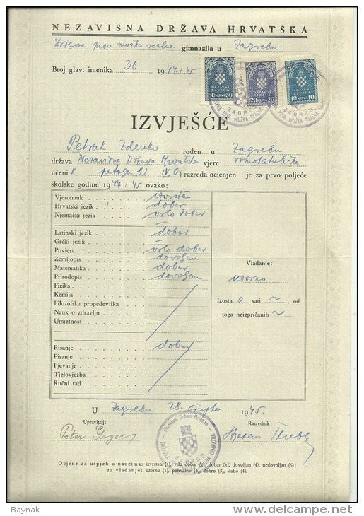 CROATIA, NDH, NEZAVISNA  DRZAVA HRVATSKA --  SCHOOL DIPLOMA, CERTIFICATE, GYMNASIA    1945  -- TIMBRE FISCAL, TAX STAMP - Diplome Und Schulzeugnisse