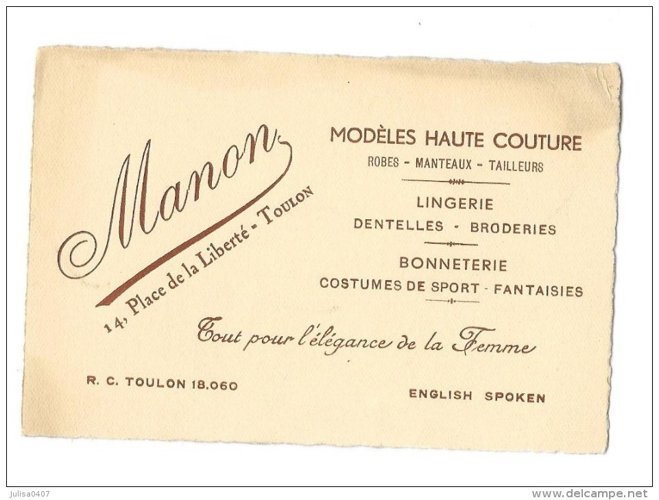 TOULON (83) Carte De Visite Manon 14 Place De La Liberté Mode Haute Couture - Visiting Cards
