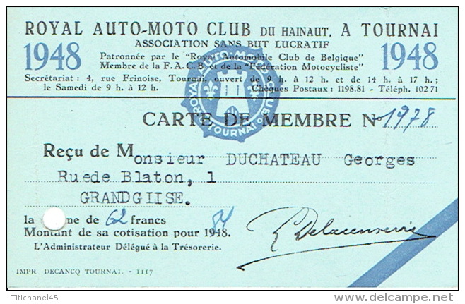 CARTE DE MEMBRE 1948 - ROYAL AUTO-MOTO CLUB Du HAINAUT à TOURNAI - Membership Cards