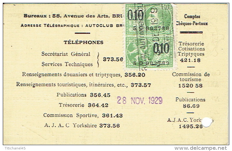 CARTE DE MEMBRE 1930 - ROYAL AUTOMOBILE CLUB DE BELGIQUE - Président : Le Duc D'URSEL - Mitgliedskarten
