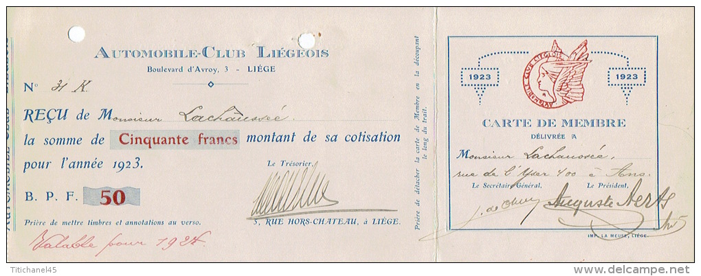 CARTE DE MEMBRE De 1923 + Reçu - AUTOMOBILE-CLUB LIEGEOIS - Cartes De Membre