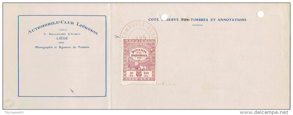 CARTE DE MEMBRE De 1923 + Reçu - AUTOMOBILE-CLUB LIEGEOIS - Cartes De Membre