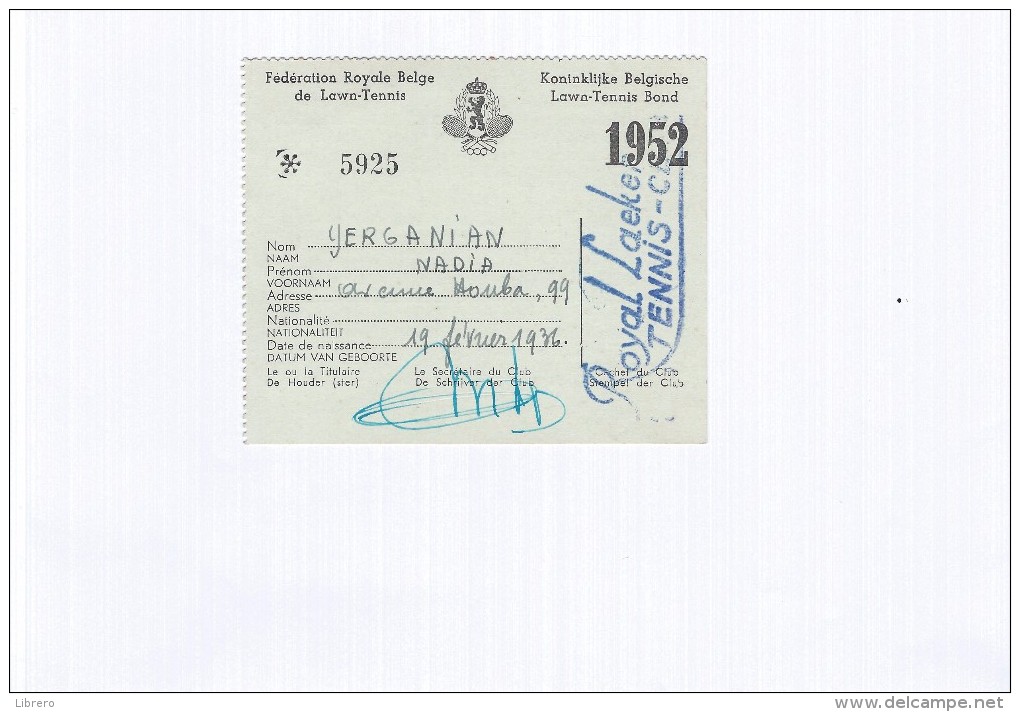 Laken / Laeken / Royal Laeken Tennis Club / Lidkaart - Carte De Membre / 1952 - Historical Documents