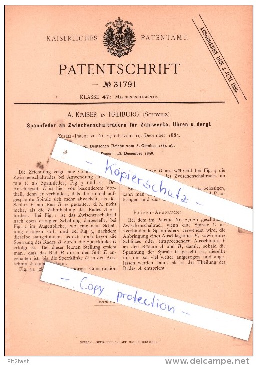 Original Patent  - A. Kaiser In Freiburg , Schweiz 1884 ,  Zählwerk Für Uhren , Uhrmacher !!! - Documents Historiques