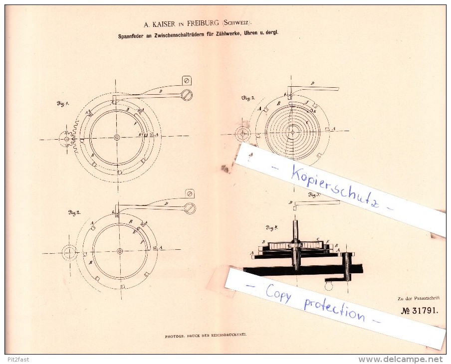 Original Patent  - A. Kaiser In Freiburg , Schweiz 1884 ,  Zählwerk Für Uhren , Uhrmacher !!! - Documents Historiques