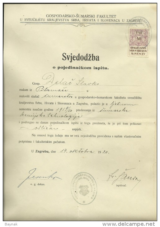 KINGDOM OF SERBS, CROATS AND SLOVENS  --  FACULTY OF FORESTRY  --  1920  SCHOOL  --   TIMBRE FISCAL, TAX STAMP - Diplome Und Schulzeugnisse