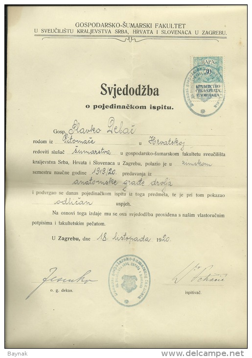 KINGDOM OF SERBS, CROATS AND SLOVENS  --  FACULTY OF FORESTRY  --  1920  SCHOOL  --   TIMBRE FISCAL, TAX STAMP - Diplome Und Schulzeugnisse