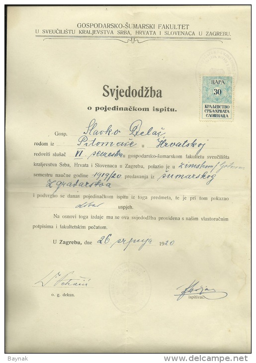 KINGDOM OF SERBS, CROATS AND SLOVENS  --  FACULTY OF FORESTRY  --  1920  SCHOOL  --   TIMBRE FISCAL, TAX STAMP - Diplome Und Schulzeugnisse