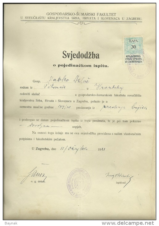KINGDOM OF SERBS, CROATS AND SLOVENS  --  FACULTY OF FORESTRY  --  1921  SCHOOL  --   TIMBRE FISCAL, TAX STAMP - Diplome Und Schulzeugnisse
