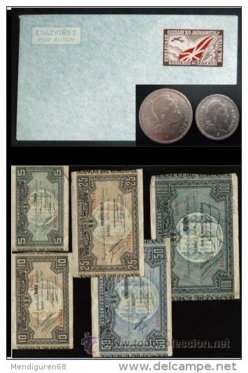 SPAIN ESPAÑA 1937 CIVIL WAR EUZKADI BASQUE COUNTRY LOT 5 BILLS ,2 COINS (1y2 Ptas) AND AIRMAIL COVER SET - Zone Républicaine