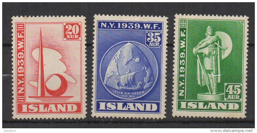 P529.-. ICELAND / ISLANDIA - 1939 . SC#: 213-215 - NEW YORK WORLD`S FAIR  .-. MH .  CV:US$ 11.00 - Nuevos