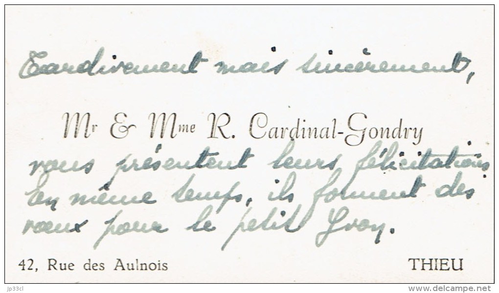 Carte De Visite De M. Et Mme R. Cardinal Gondry, Rue Des Aulnois, Thieu, Le Roeulx (1947) - Visitekaartjes