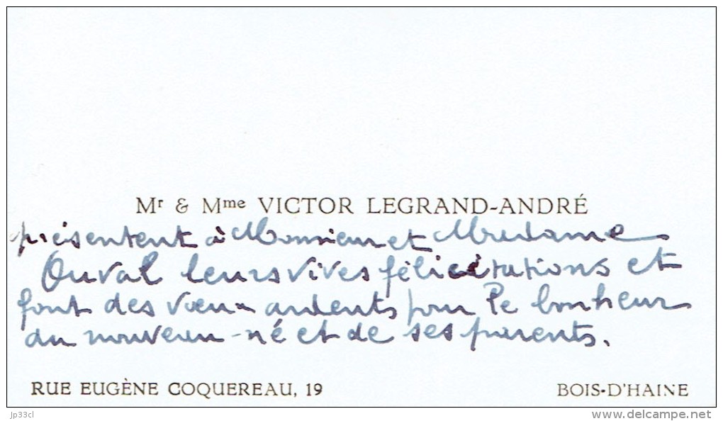 Carte De Visite De M. Et Mme Victor Legrand André, Rue Coquereau, Bois-d'Haine (1947) - Visiting Cards