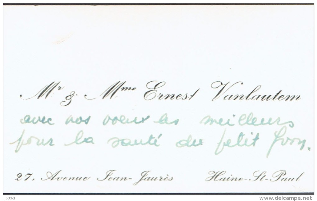 Carte De Visite De M. Et Mme Ernest Vanlautem, Avenue Jean Jaurès, Haine St Paul (1947) - Cartes De Visite