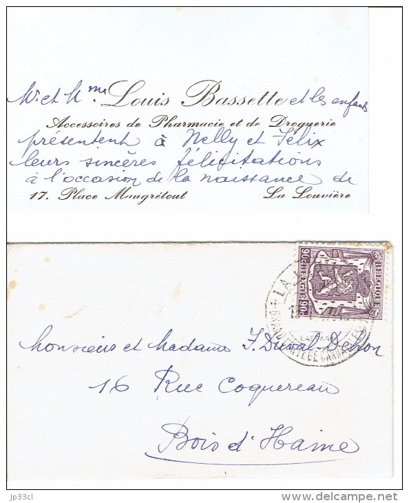 Carte De Visite De M. Et Mme Louis Bassette Pharmacie Et Droguerie, Place Maugrétout, La Louvière (1947) - Visiting Cards