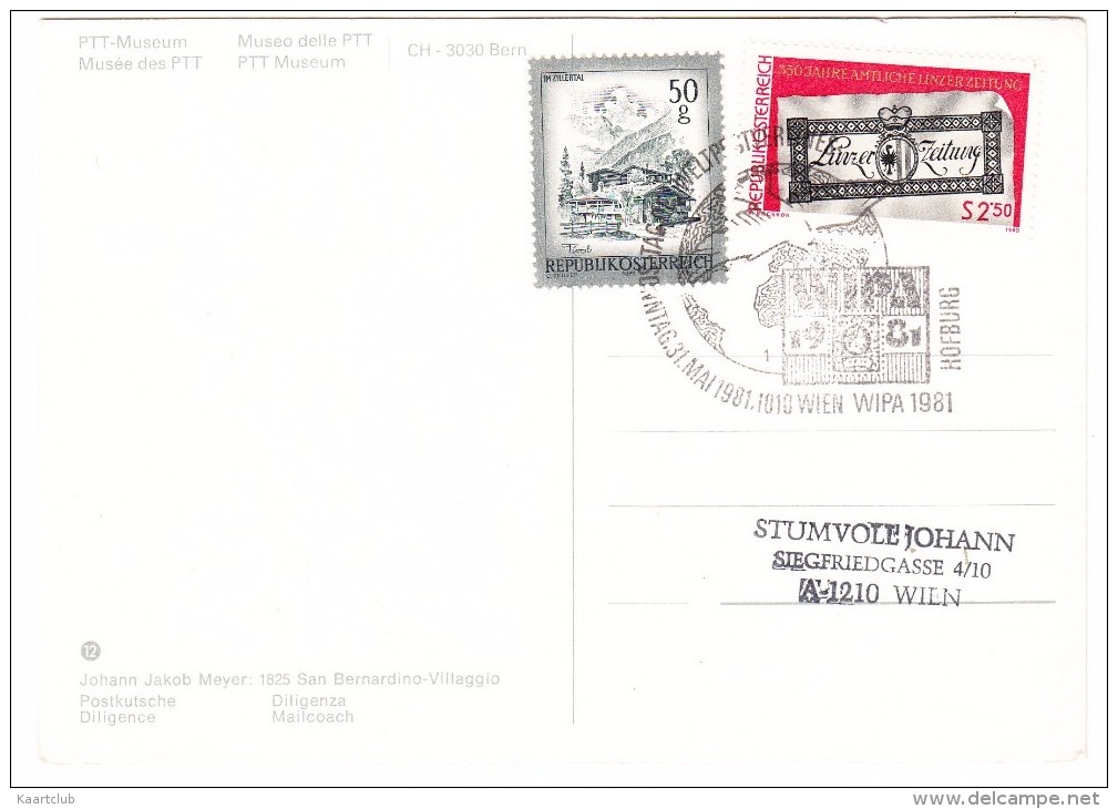 1825 San Bernardino-Villagio - Postkutsche/Dilligence - (1981 - 'WIPA Wien Hofburg' SPECIAL POSTMARK & 2x STAMP/TIMBRE ) - Post