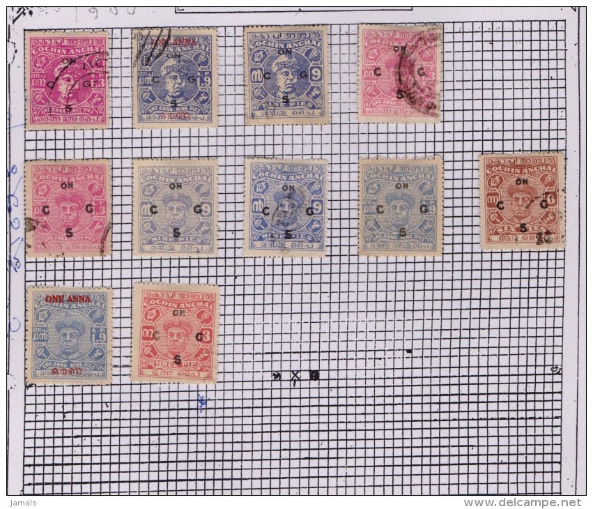 India, Princely State Cochin, Collection Pages, 6 Scans 95 Stamps , Mint And Used, Inde Indien - Cochin