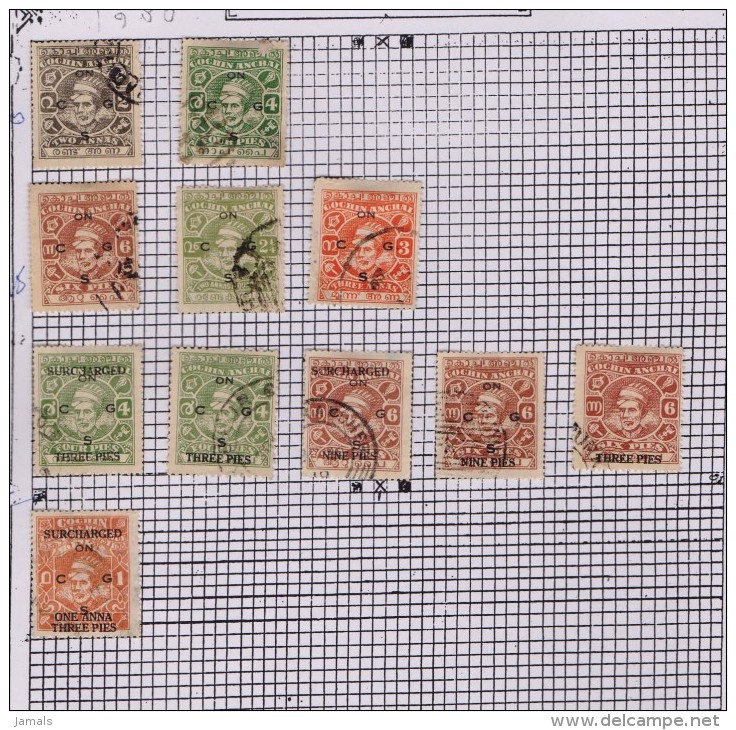 India, Princely State Cochin, Collection Pages, 6 Scans 95 Stamps , Mint And Used, Inde Indien - Cochin