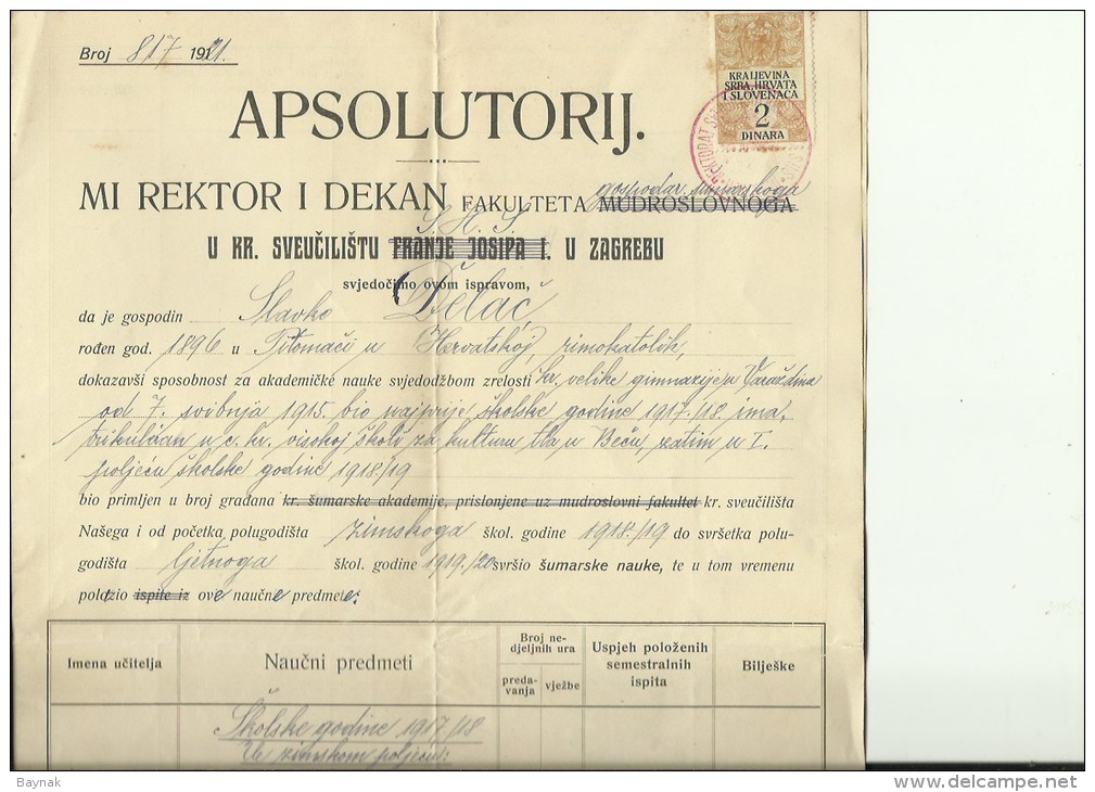 KINGDOM OF SHS  --  PITOMACA  --  APSOLUTORIJ FACULTY OF FORESTRY  --  1921 DIPLOMA --   TIMBRE FISCAL, TAX STAMP - Diplome Und Schulzeugnisse