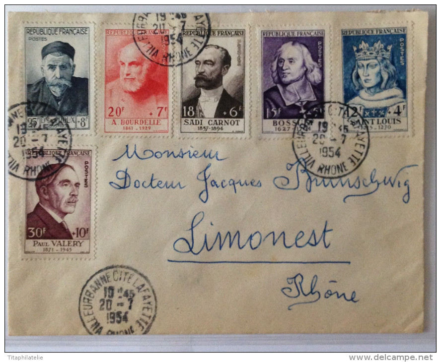 Lettre Avec Série Timbres 989 à 994 Oblitération CAD Villeurbanne Citée Lafayette Rhône 20/07/1954 - Oblitérés