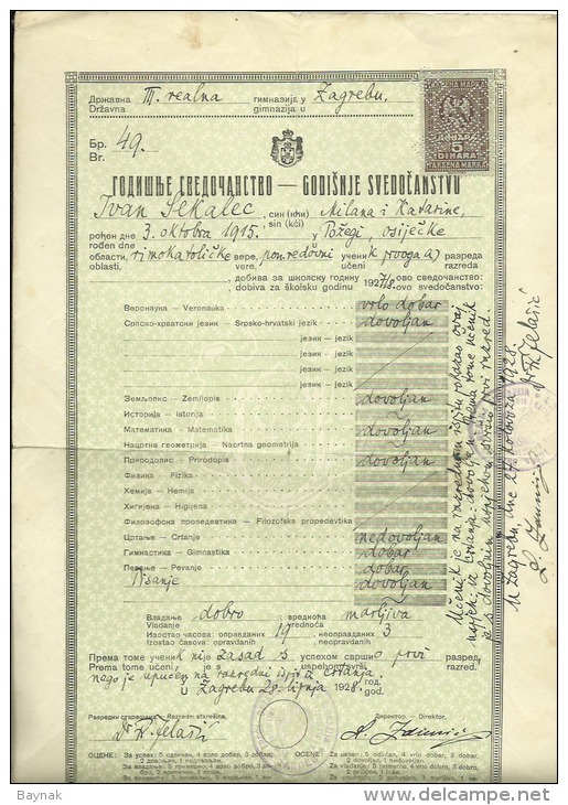 KINGDOM OF SERBS, CROATS AND SLOVENES --  SCHOOL DIPLOMA, CERTIFICATE, GYMNASIA    1928  -- TIMBRE FISCAL, TAX STAMP - Diplome Und Schulzeugnisse