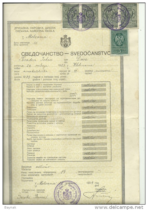 KINGDOM OF YUGOSLAVIA --    MOLVE  -  SCHOOL DIPLOMA, CERTIFICATE,  ELEMENTARY SCHO    1934  -- TIMBRE FISCAL, TAX STAMP - Diplome Und Schulzeugnisse