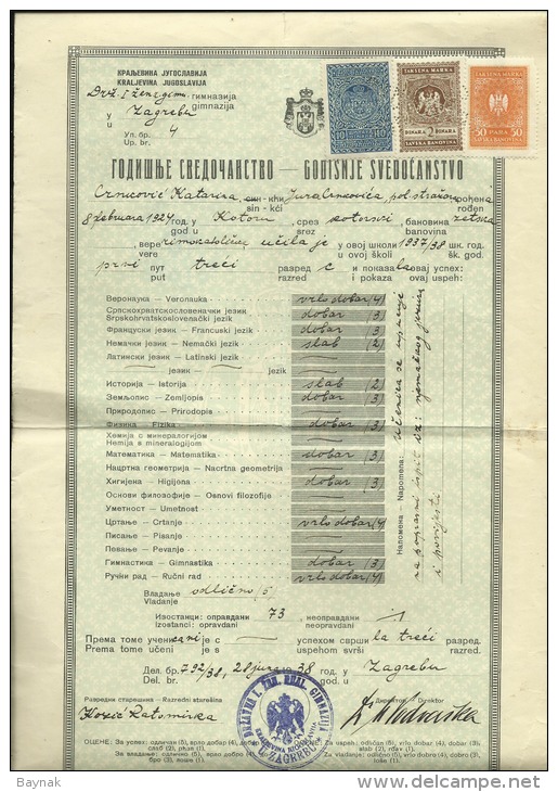 KINGDOM OF YUGOSLAVIA  --     SCHOOL DIPLOMA, CERTIFICATE, GYMNASIA  --  1938  -- TIMBRE FISCAL, TAX STAMP - Diplômes & Bulletins Scolaires