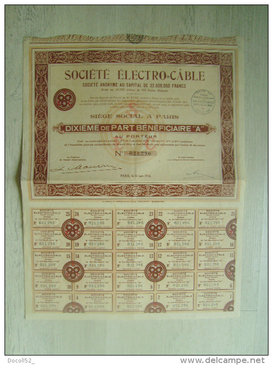 Dixiéme De Part Beneficière Au Porteur "  Société Electro Cable Paris  " - Elettricità & Gas