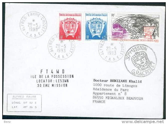 TAAF LETTRE OB ALFRED FAURE CROZET ILE POSSESSION1993 30EME MISSION POUR MIGNALOUX BEAUVOIR TB - Antarctic Expeditions