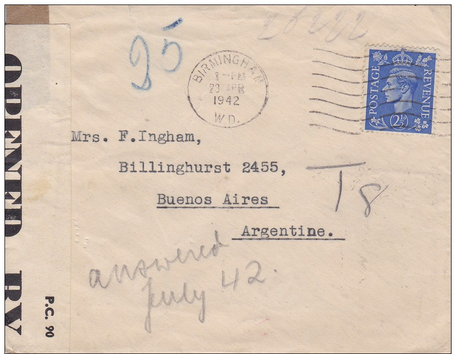 Great Britain; Censored Cover To Argentina 1942 - Lettres & Documents