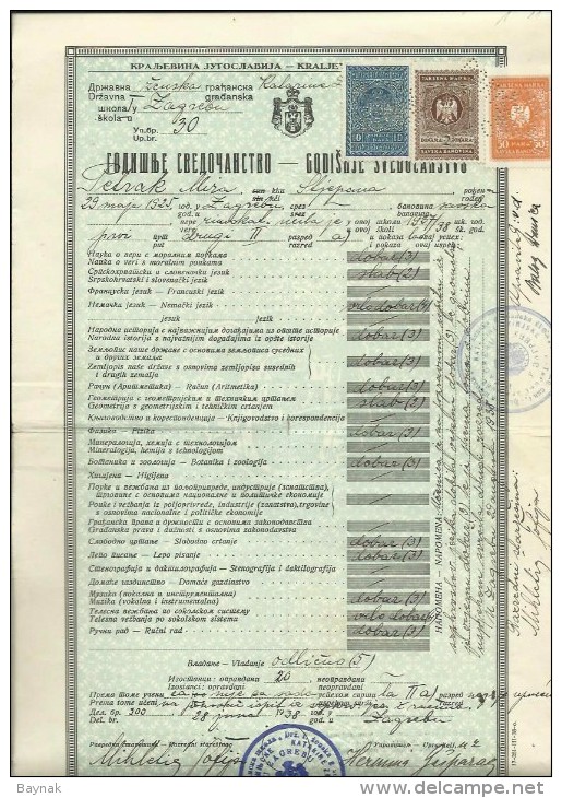 KINGDOM OF YUGOSLAVIA  --     SCHOOL DIPLOMA, CERTIFICATE, CIVIL MALE SCHOOL  --  1936  -- TIMBRE FISCAL, TAX STAMP - Diplome Und Schulzeugnisse