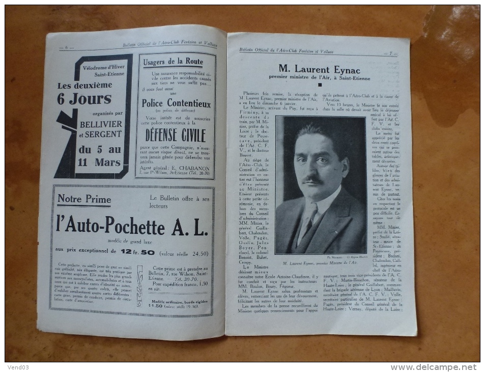 BULLETIN OFFICIEL DE L'AERO-CLUB FOREZIEN ET VELLAVE  6 NUMEROS  DE 1929 - 1900 - 1949